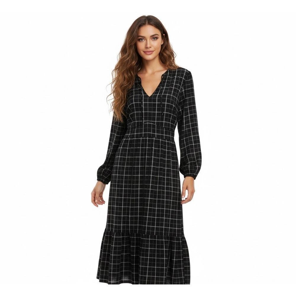 Old Navy Black Plaid Long Sleeve Maxi Dress Empire Waist XL Lagenlook Cottage